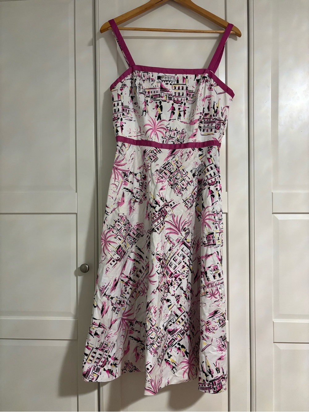 White Sundress with Pink and Black Scenic Print